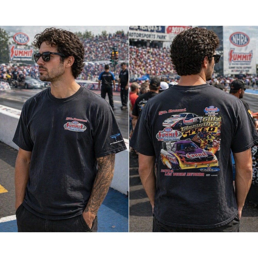 NHRA Summit Racing T-Shirt Men's L Black Y2K 2004 Las Vegas Drag Racing 2-Sided